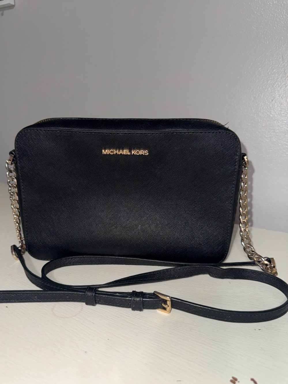 Michael Kors Black Saffiano Crossbody with Gold Chain